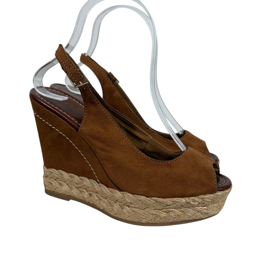 BRASH Brown Suede Slingback Rockabilly Pin Up Style Espadrille Wedge Sandals 7